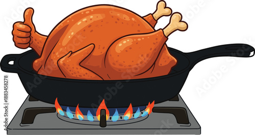 Funny cartoon roast chicken giving thumbs up in pan, cooking on gas stove, food humor illustration, kitchen vector concept