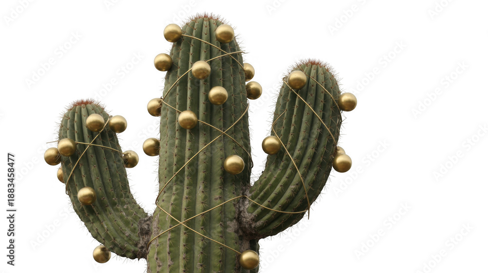 Fototapeta premium Cactus with Gold Ornaments green spines isolated on a transparent background