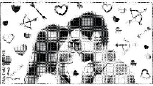 halftone illustration of a couple touching foreheads surrounded by hearts and arrows