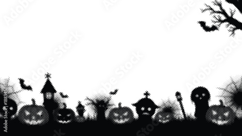 Halloween themed scene with spooky silhouettes of pumpkins and buildings on a white background