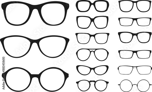 set of glasses. Vector glasses model icons. Sunglasses, glasses, Silhouettes. Stylish male and female optical accessories Various shapes - stock vector.