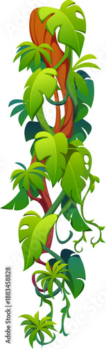 Vertical tropical jungle rain forest liana vine branch wrapped in lush green leaves and twisting tendrils. Cartoon vector hanging roots for game environments, tropical or exotic adventure landscapes