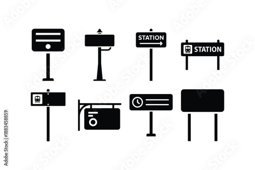 Railway Station Sign Black Silhouette Flat Icon Vector