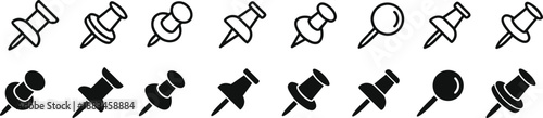 Push pin icons set. Thumbtack for note attach collection. Paperclip symbol. Pushpin flat and line style collection. A needle for fixing on a board or map - stock vector.