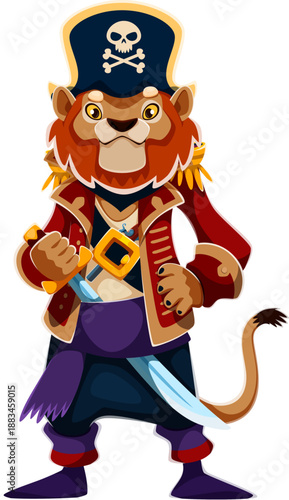 Cartoon fierce lion pirate vector character has a thick mane, sharp features and confident expression. Vector swashbuckler animal personage wears a tall black hat with a skull and holds a sword in paw