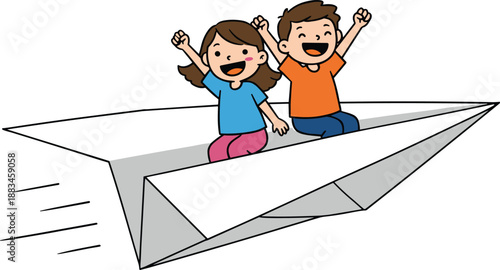 Happy kids flying paper airplane, cartoon children having fun, playful boy and girl adventure, imagination journey, creative childhood concept, white background, vector illustration