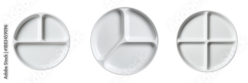 Three white divided plates with two three and four sections isolated on a transparent background dish