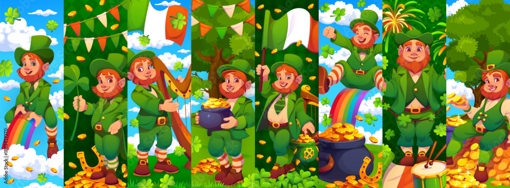 Fototapeta premium St Patrick Day cartoon leprechaun characters collage. Irish holiday cute elf vector personages wearing green suits and hats. Funny leprechaun characters, shamrock clovers, gold pots, rainbow and flags