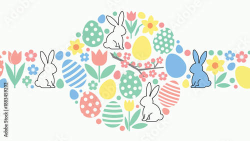 Easter egg surrounded by bunnies flowers and colorful patterns