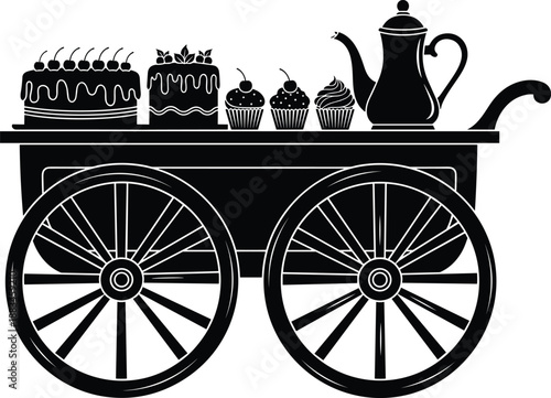 Dessert street cart silhouette with cakes, cupcakes, and teapot in black and white, flat vector illustration isolated on white background for bakery, cafe, and food market concepts