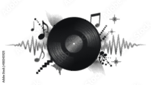 Halftone vinyl record with musical notes and sound waves on white background