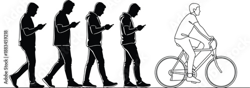 Digital addiction and lifestyle change concept illustration showing smartphone addicted people walking and transforming into a cyclist, black and white silhouette art on white background