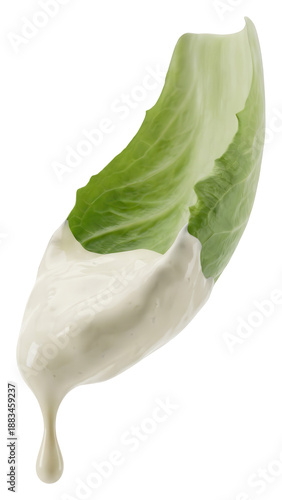 Lettuce Leaf Dipped in Ranch Dressing on White