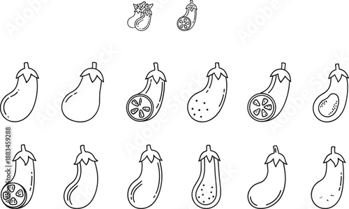 Eggplant vegetable icon set in black and white line art style, hand drawn outline illustrations isolated on white background for food, cooking, and healthy concepts
