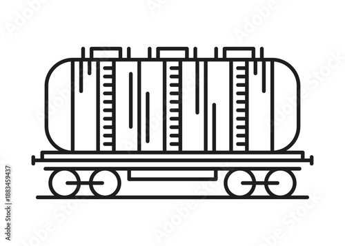 Oil and fuel shipping wagon, freight logistics railway line icon or label. Liquid freight shipment transport outline icon, delivery industry thin line vector pictogram. Cargo railway logistics sign