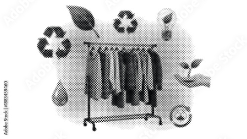 Eco friendly clothing rack with recyclable garments and sustainable fashion symbols