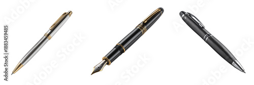 Three elegant writing instruments including a fountain pen and ballpoint pens isolated on a transparent background