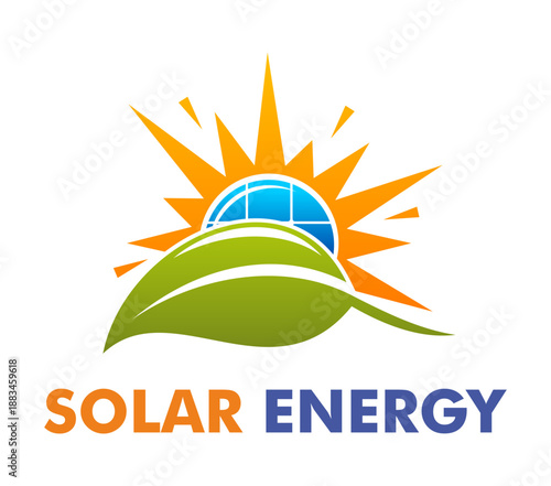 Solar energy technology icon with bright sun rays, blue solar panel and green leaf design. Modern vector renewable power icon featuring sunshine burst, eco technology symbol and typography