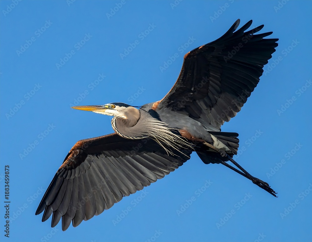 Fototapeta premium A majestic, large wading avian creature soars through a vibrant, azure sky, captured mid-flight with wings outstretched