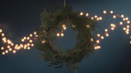 Beautiful christmas wreath hanging from a string of fairy lights on a dark background with glowing warm lights
