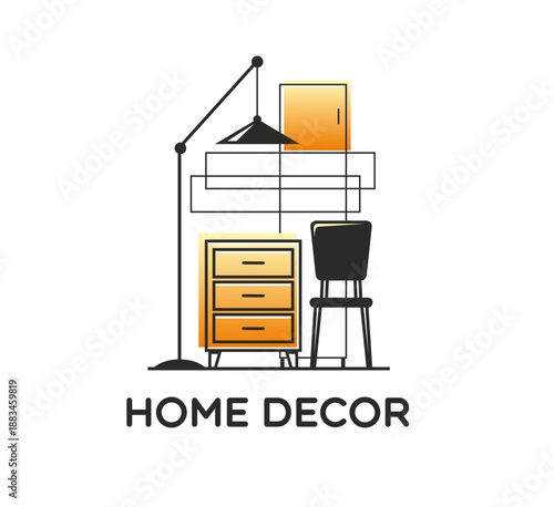 Home interior decor and furniture shop icon. House living room decor store vector icon, home design shop graphic emblem. Apartment furniture company label with black chair, drawers and tall floor lamp