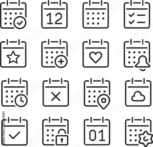 Calendar icon set. Containing date, schedule, month, week, appointment, agenda, organization and event icons. Solid icon collection. Vector illustration.