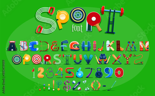 Cartoon sport font, soccer and football typeface, funny type, kids English alphabet letters, symbols and numbers as athletic equipment like weights, paddles, balls, skis, and gear. Vector fitness abc