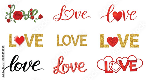 Love Typography Collection with Hearts Roses Gold Glitter and Romantic Lettering Isolated
