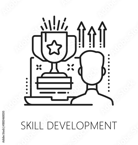 Skill development online education line icon or symbol. Remote education outline sign, online school classes outline vector icon. Distance learning symbol or pictogram with laptop and winner cup