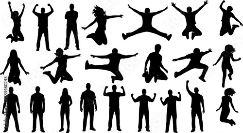 Silhouettes of young people jumping in fashionable clothes. Vector silhouettes man and women, illustration. Transparent background EPS version.