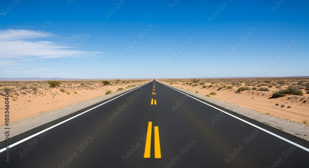 Fototapeta premium Desert highway with yellow road markings under blue sky