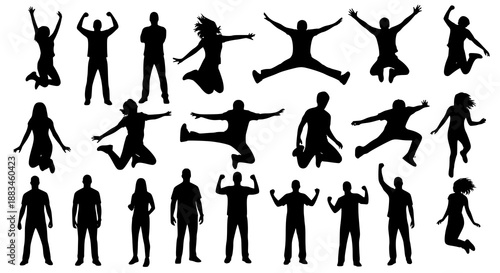Wallpaper Mural Silhouettes of young people jumping in fashionable clothes. Vector silhouettes man and women, illustration. Transparent background PNG version. Torontodigital.ca