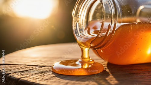 Honey pouring from jar onto wooden table  