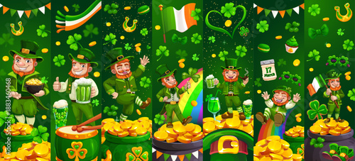 Happy St Patrick's day leprechaun characters collage. Irish festive collage or vector greeting cards. Saint Patrick holiday banners with shamrock clovers, pot of gold coins and leprechaun personages