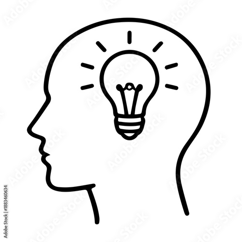 head with a light bulb vector line icon on a white background
Vector line icon