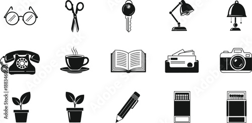 Everyday office and home essentials icon set featuring glasses keys lamps books phone camera and stationery isolated on white background vector illustration