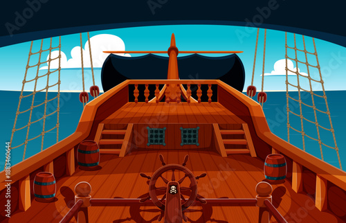 Wooden pirate ship deck interior. Pirate ship at sea with a large wheel helm in the foreground, wooden railings and barrels along the deck. Rope nets, sails, cloudy sky and open ocean nautical scene