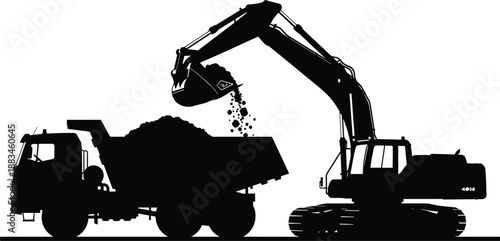 Excavator loading dump truck silhouette showing earthmoving construction operation with heavy machinery isolated on white background vector illustration