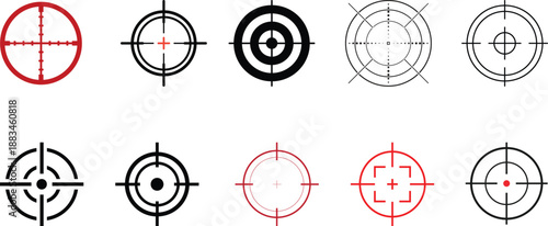Bullseye target silhouette icon set with crosshairs and accuracy symbols.Abstract line art target icons set featuring various crosshair designs for accuracy and precision concepts.Minimal target icon