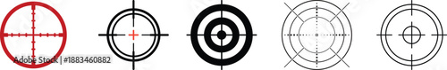 Bullseye target silhouette icon set with crosshairs and accuracy symbols.Abstract line art target icons set featuring various crosshair designs for accuracy and precision concepts.Minimal target icon