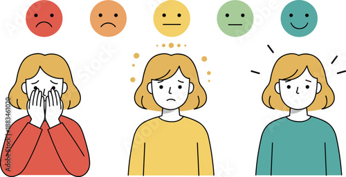 Illustration showing different emotional states of a woman with facial expressions, mood icons, mental health, sadness to happiness, emotion regulation and psychological wellbeing concept