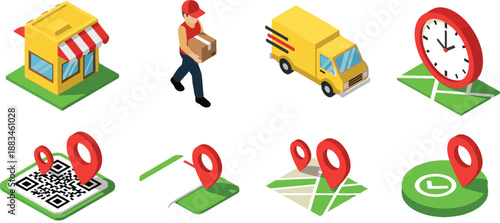 Isometric delivery service icons set, courier shipping, map pin tracking, QR code navigation, clock location time, cad vector illustration