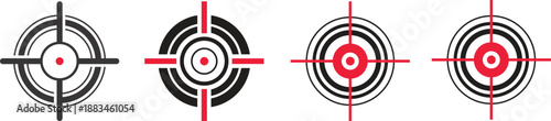 Bullseye target silhouette icon set with crosshairs and accuracy symbols.Abstract line art target icons set featuring various crosshair designs for accuracy and precision concepts.Minimal target icon