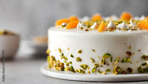 Close up of a glossy white cake with pistachio pieces and orange accents on a light gray surface