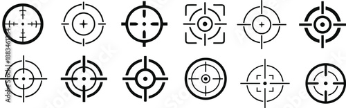 Different icon set of targets and destination. Target and aim, targeting and aiming. Crosshair, gun sight vector icons. Bullseye, black target or aim symbol. Military rifle scope, shooting mark