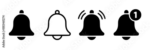 Set of four black and white simple bell icons representing notifications, sound alerts, and new messages with a count of one.