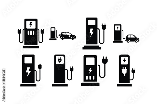Electric Charging Station Black Silhouette Flat Icon Vector