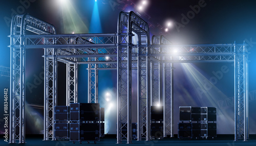 Event production, concert stage setup. Aluminum truss structures with lighting effects and equipment cases prepared for live show production, stage construction, and technical event support.
