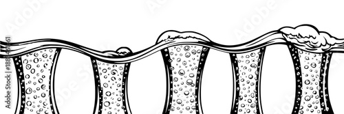 Row of outline glasses filled with fizzy liquid and rising bubbles, with foamy heads and wavy surface, monochrome illustration