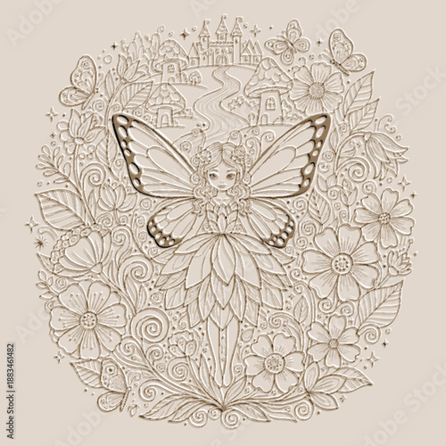 3D embossed textured vector of a cute garden fairy surrounded by flowers, butterflies, and a magic castle. Intricate beige line art with a whimsical, fairytale aesthetic.